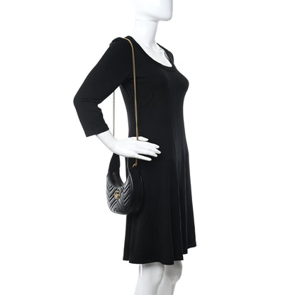 Gucci Calfskin Matelasse Chevron Mini GG Marmont Half Moon Hobo Black 2 of 8