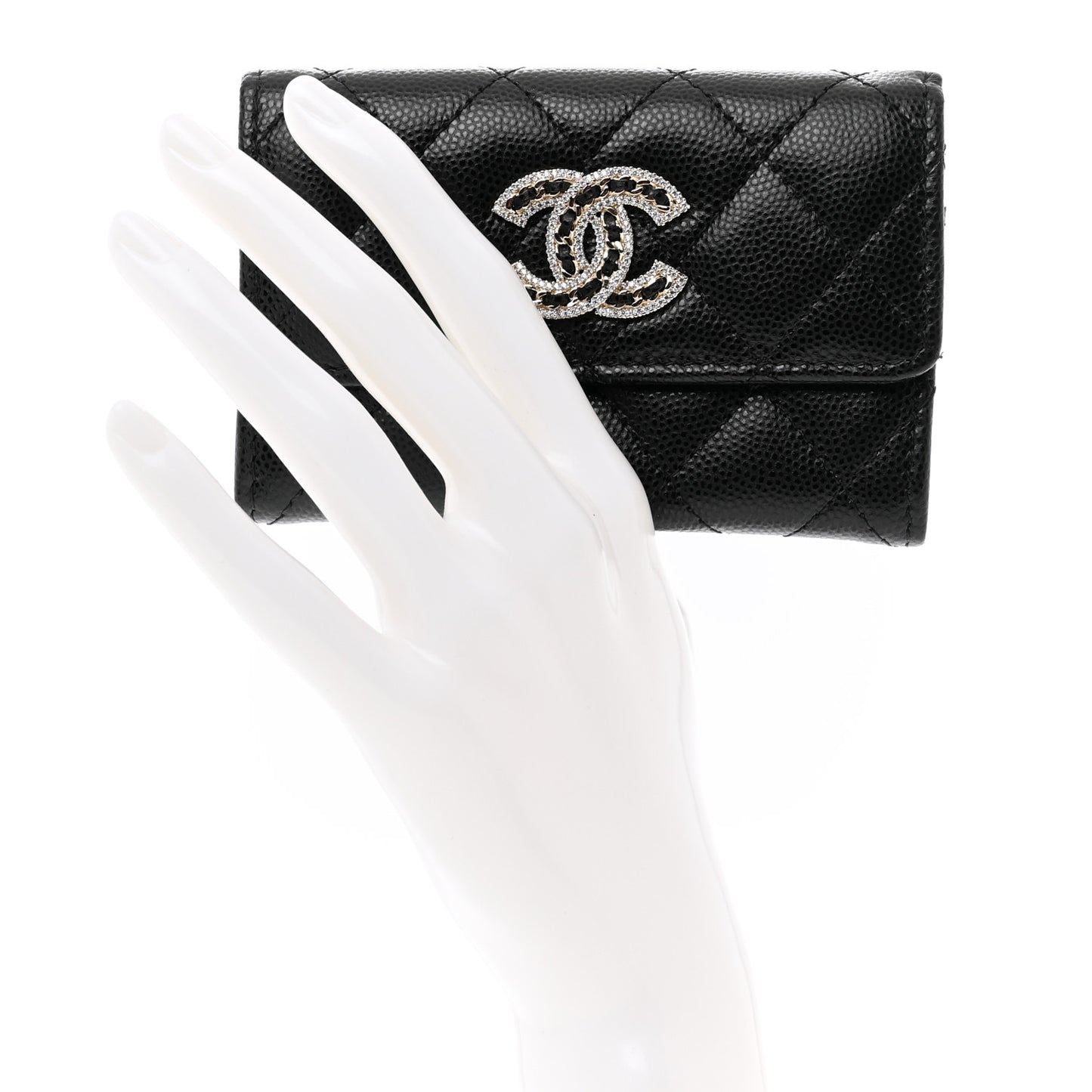 Caviar Quilted Crystal CC Flap Card Holder Black