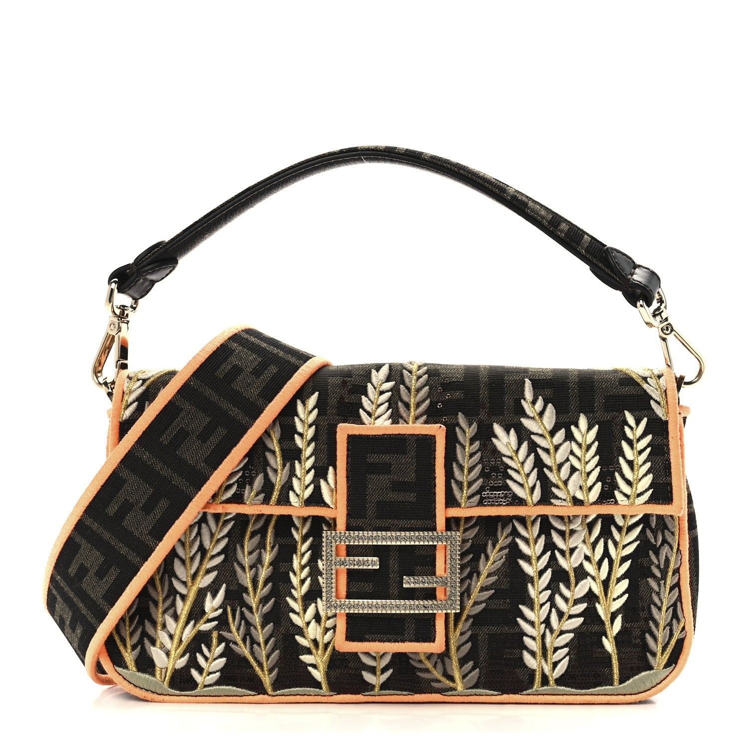 Fendi Fabric Jacquard FF 1974 Plant Embroidered Baguette Tobacco Moro Orange 1 of 14