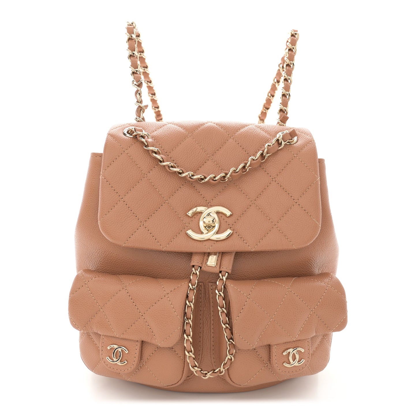 Shiny Caviar Quilted Medium Duma Pockets Drawstring Backpack Dark Beige