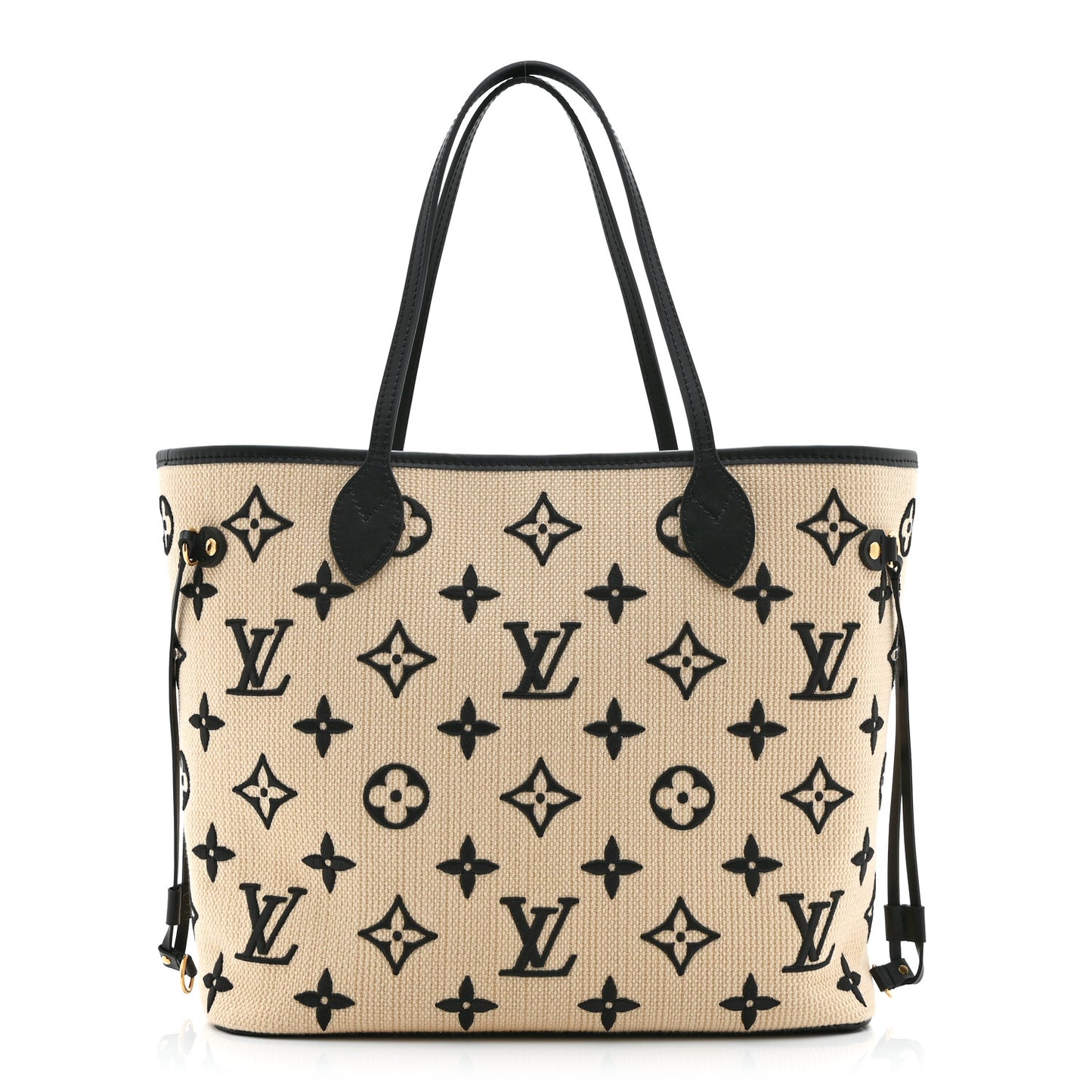 Cotton Monogram Embroidered Neverfull MM Beige Black Beige Black