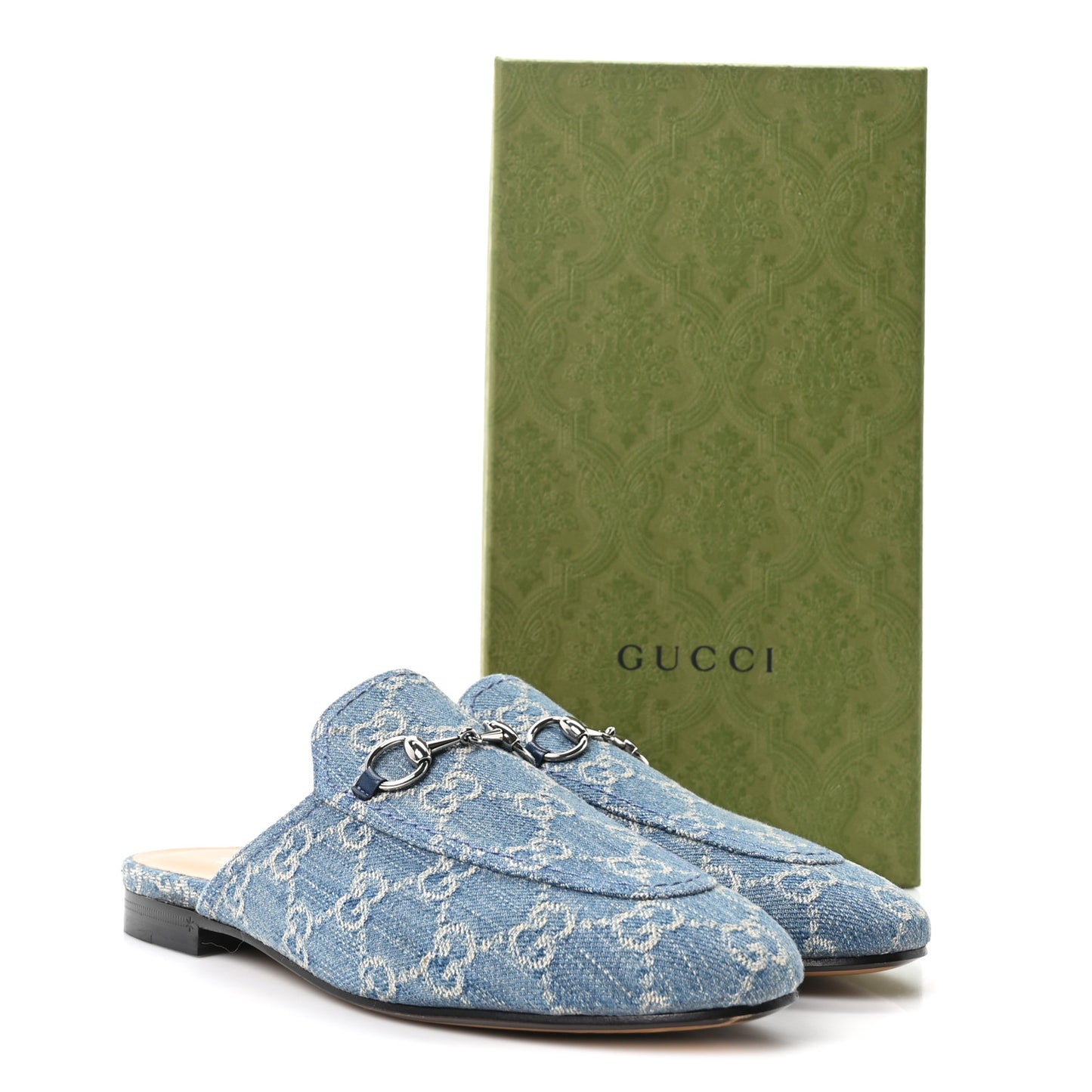 New Denim GG Malaga Kid Womens Princetown Slippers 37.5 Light Blue Royale