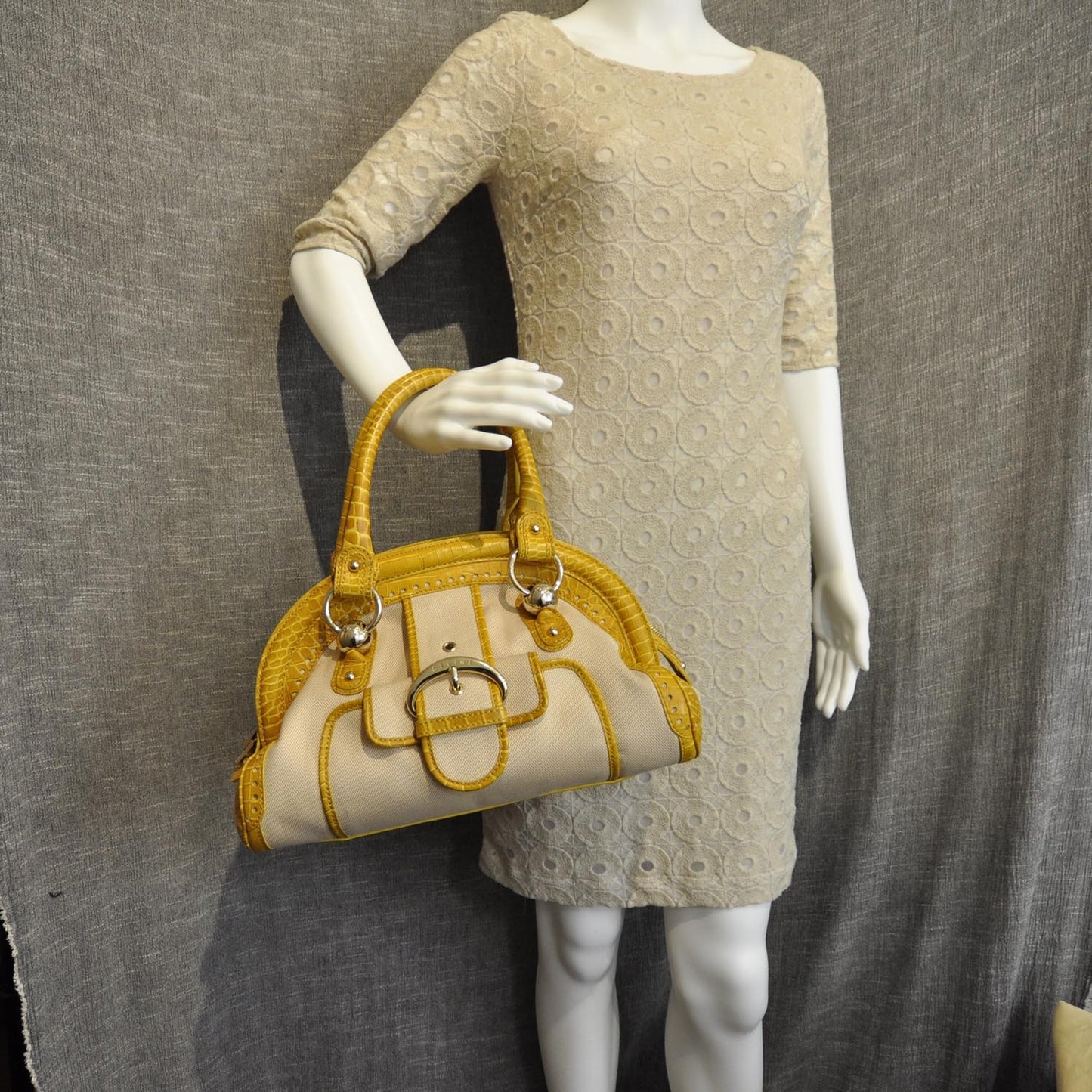 Crocodile Embossed Leather and Canvas Bag Yellow