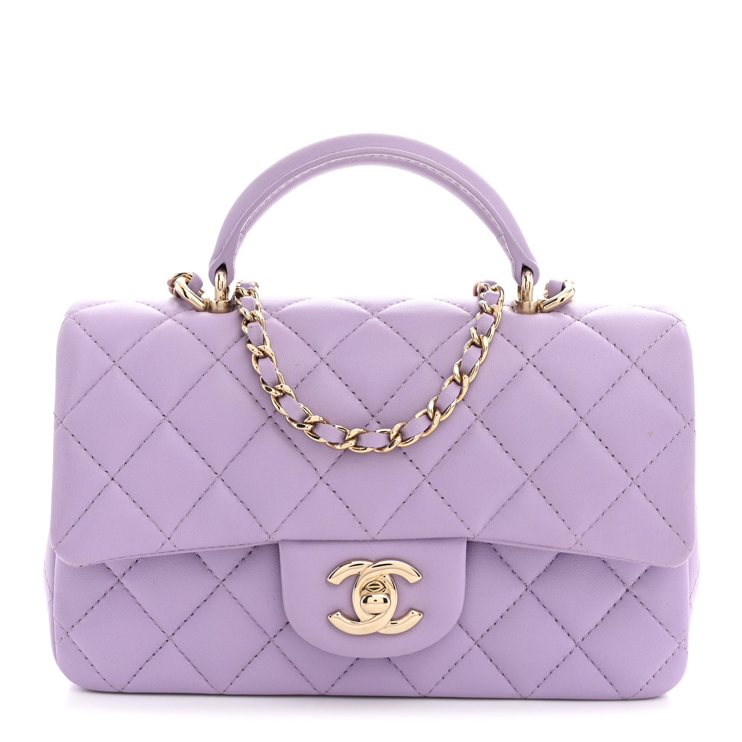 Lambskin Quilted Mini Top Handle Rectangular Flap Light Purple