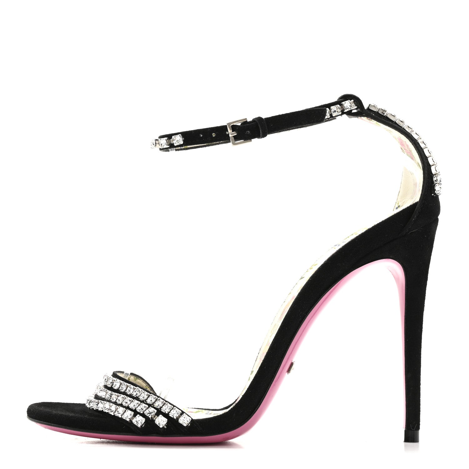 Gucci Kid Scamosciato Crystal Ankle Strap High Heel Sandals 36.5 Black 1 of 10