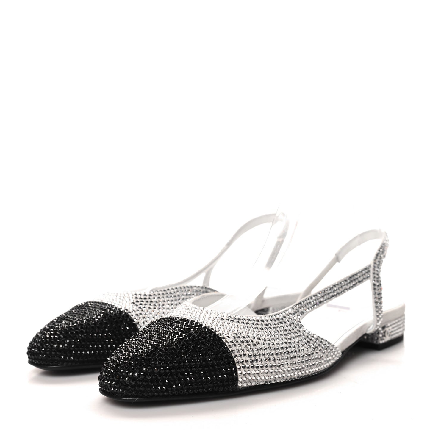 Strass Grosgrain Cap Toe CC Slingback Flats 38 Silver Black