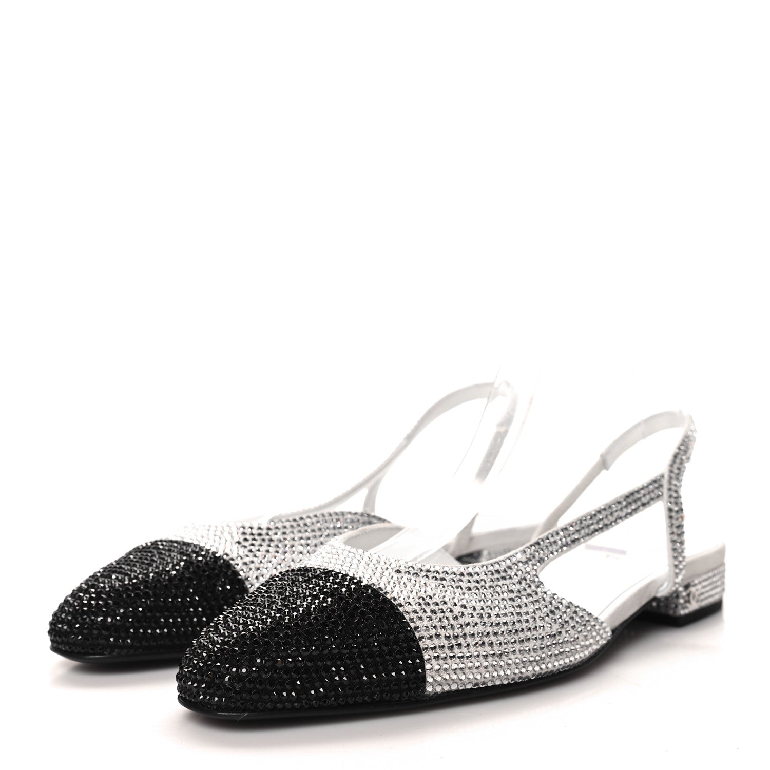 Chanel Strass Grosgrain Cap Toe CC Slingback Flats 38 Silver Black 3 of 9