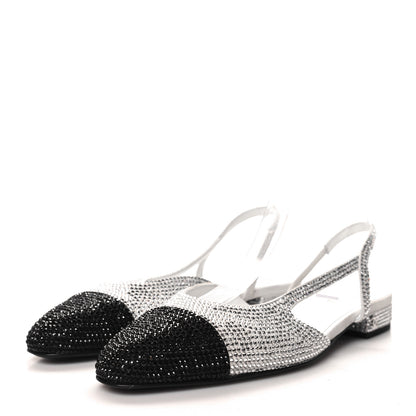 Chanel Strass Grosgrain Cap Toe CC Slingback Flats 38 Silver Black 3 of 9
