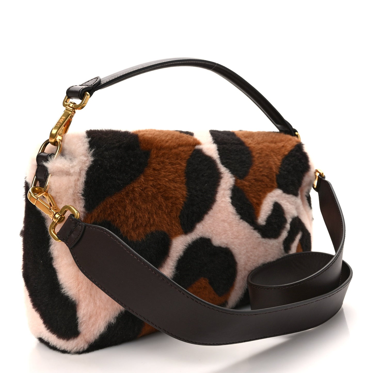 Shearling Vitello Dolce Leopard Print Large Baguette Pink Brown Multicolor