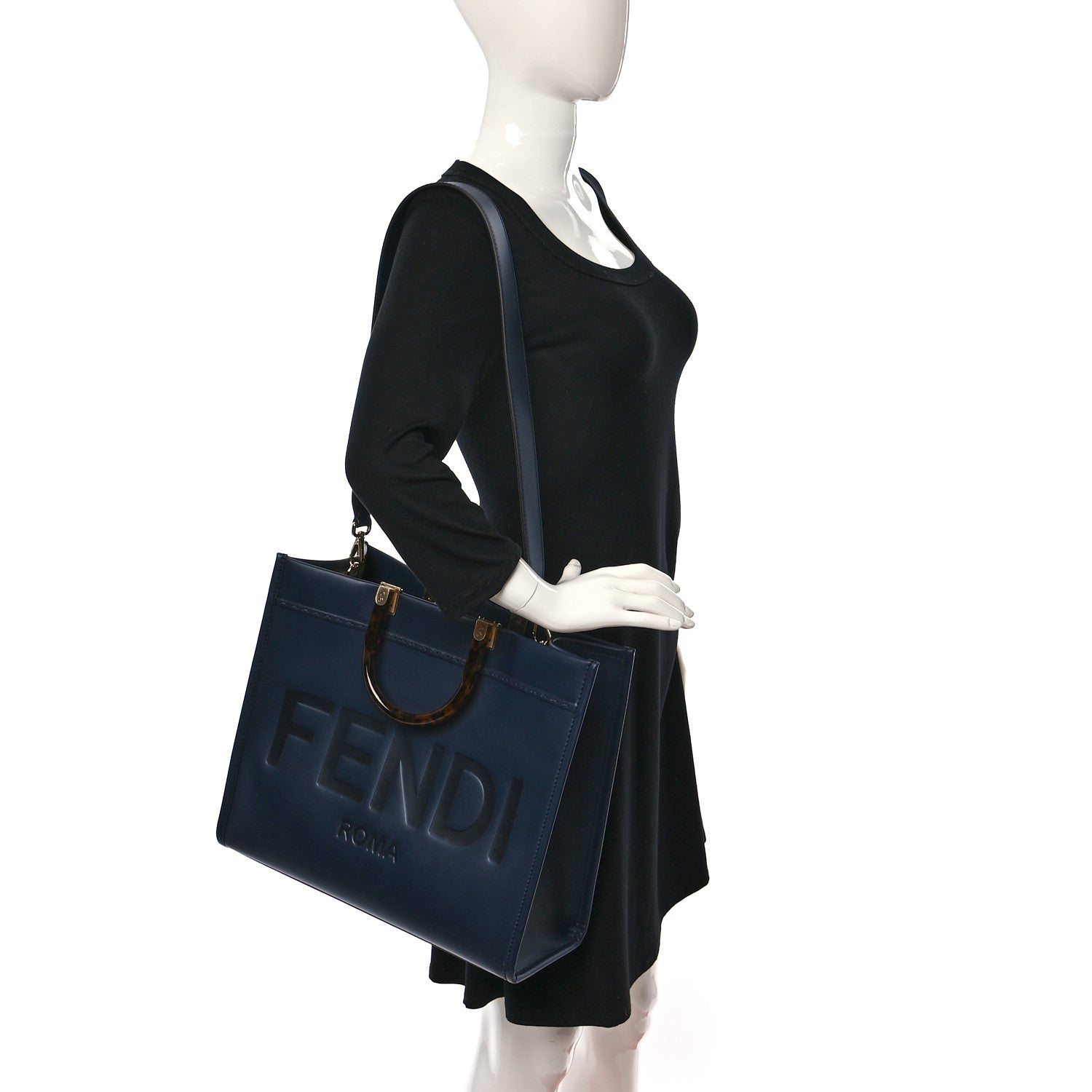 Fendi Vitello King Plexiglass Logo Embossed Medium Fendi Sunshine Shopper Tote Midnight 2 of 9