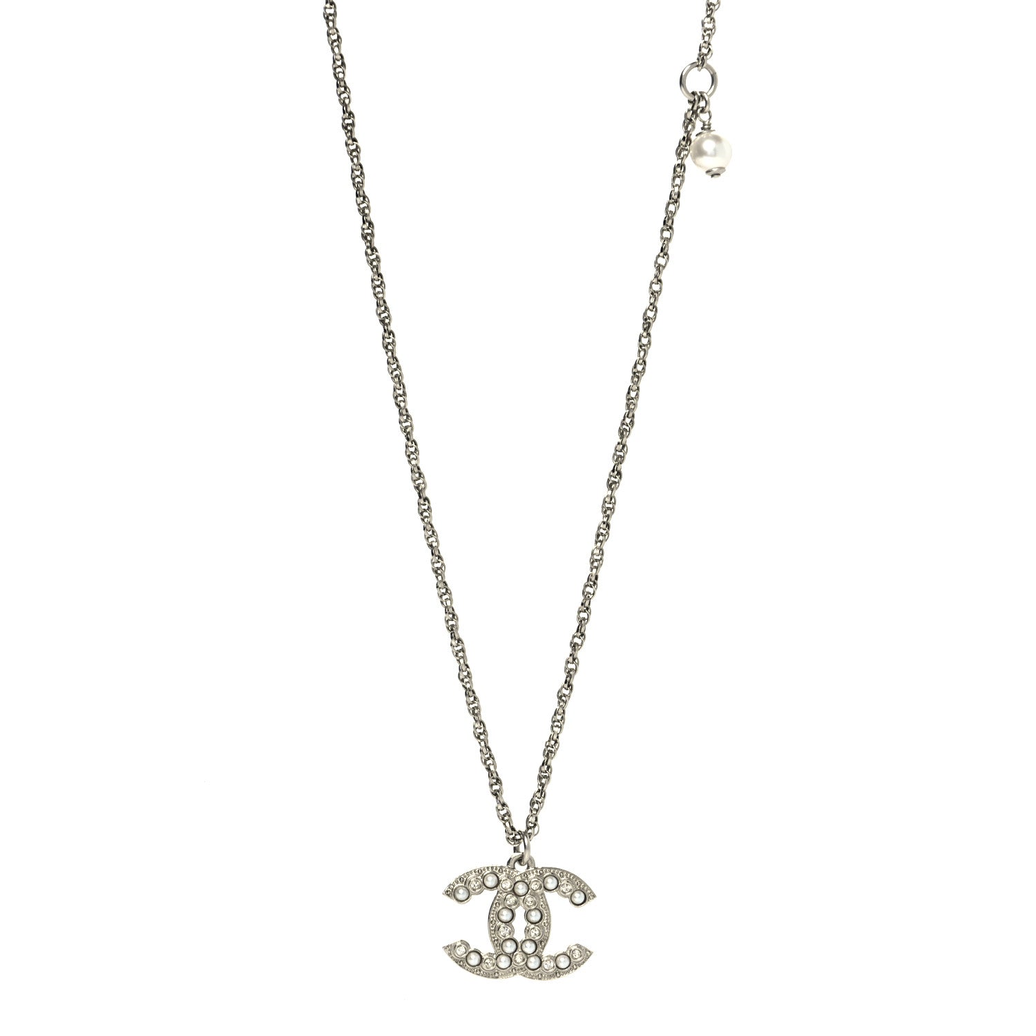 Chanel Crystal Pearl CC Pendant Necklace Silver 1 of 5