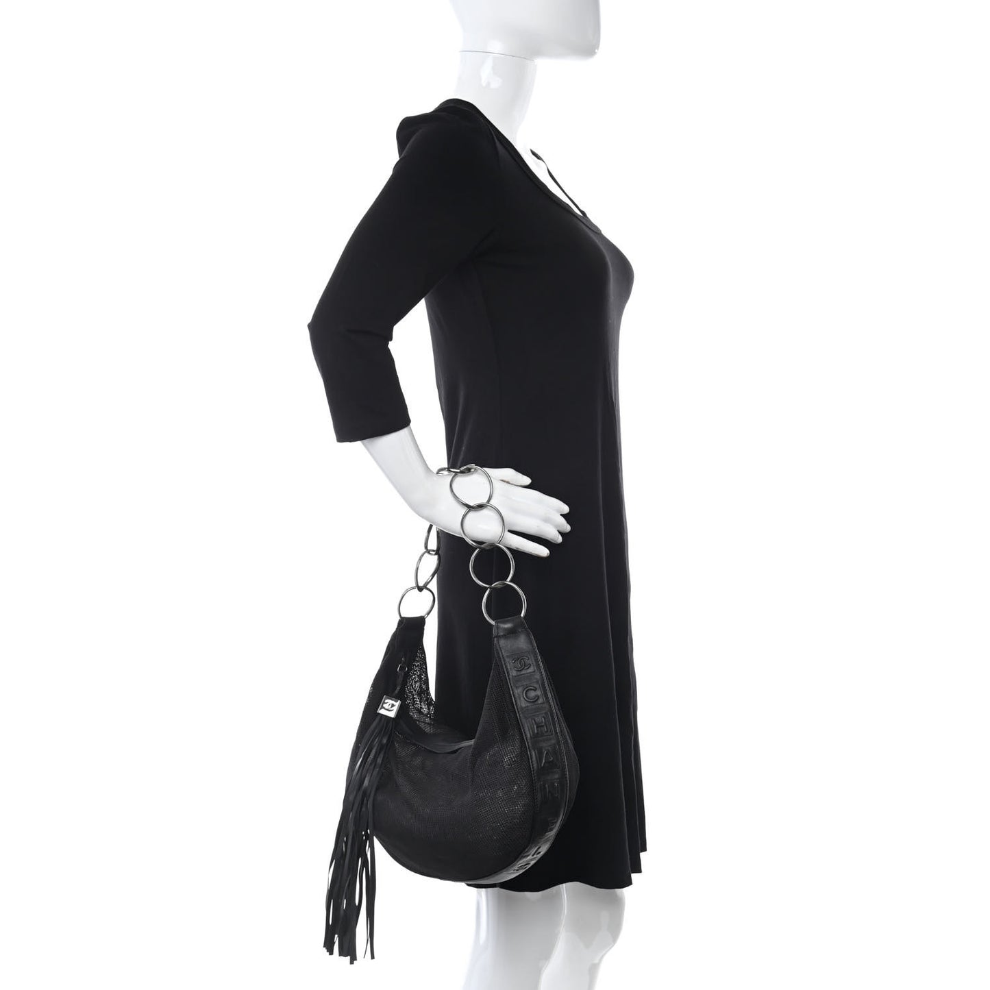 Mesh Calfskin Sport Tassel Hobo Black