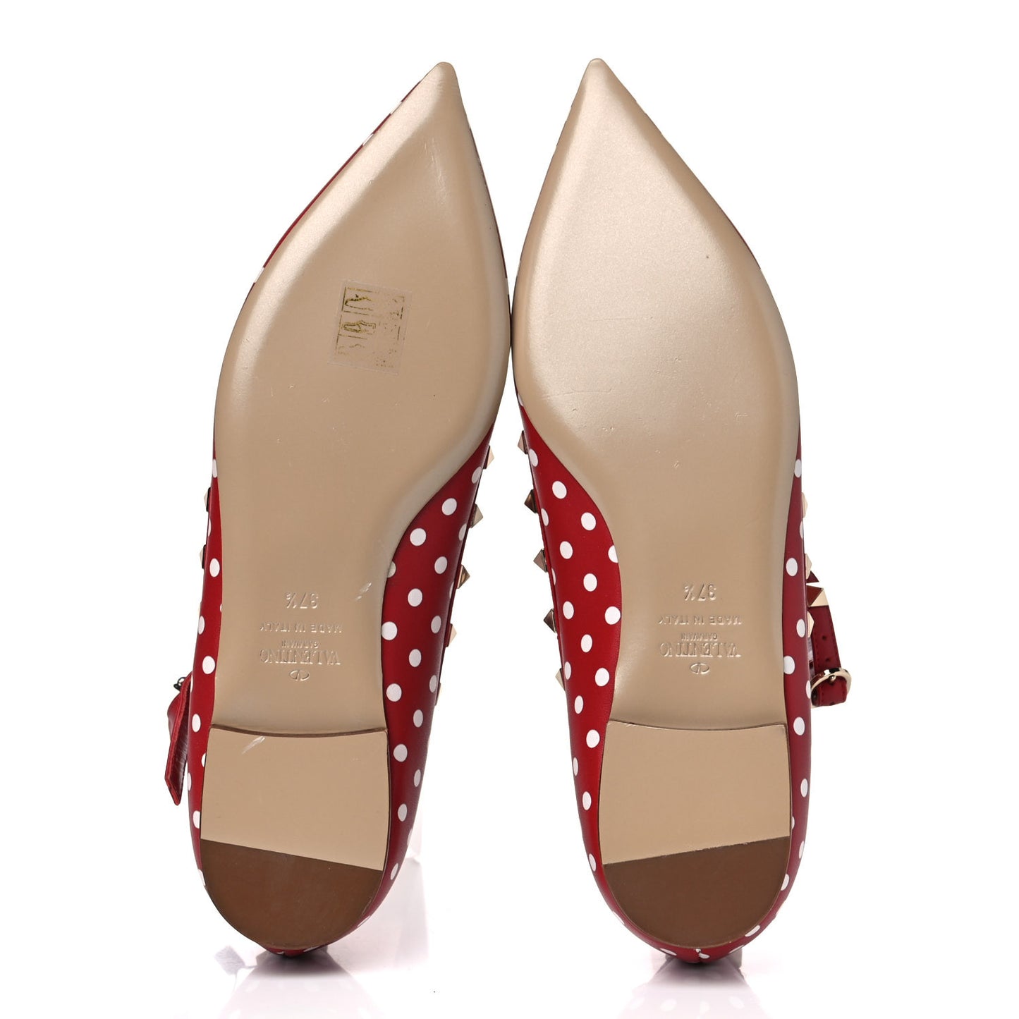 Calfskin Polka Dot Print Rockstud Cage Ballerina Flats 37.5 Red White