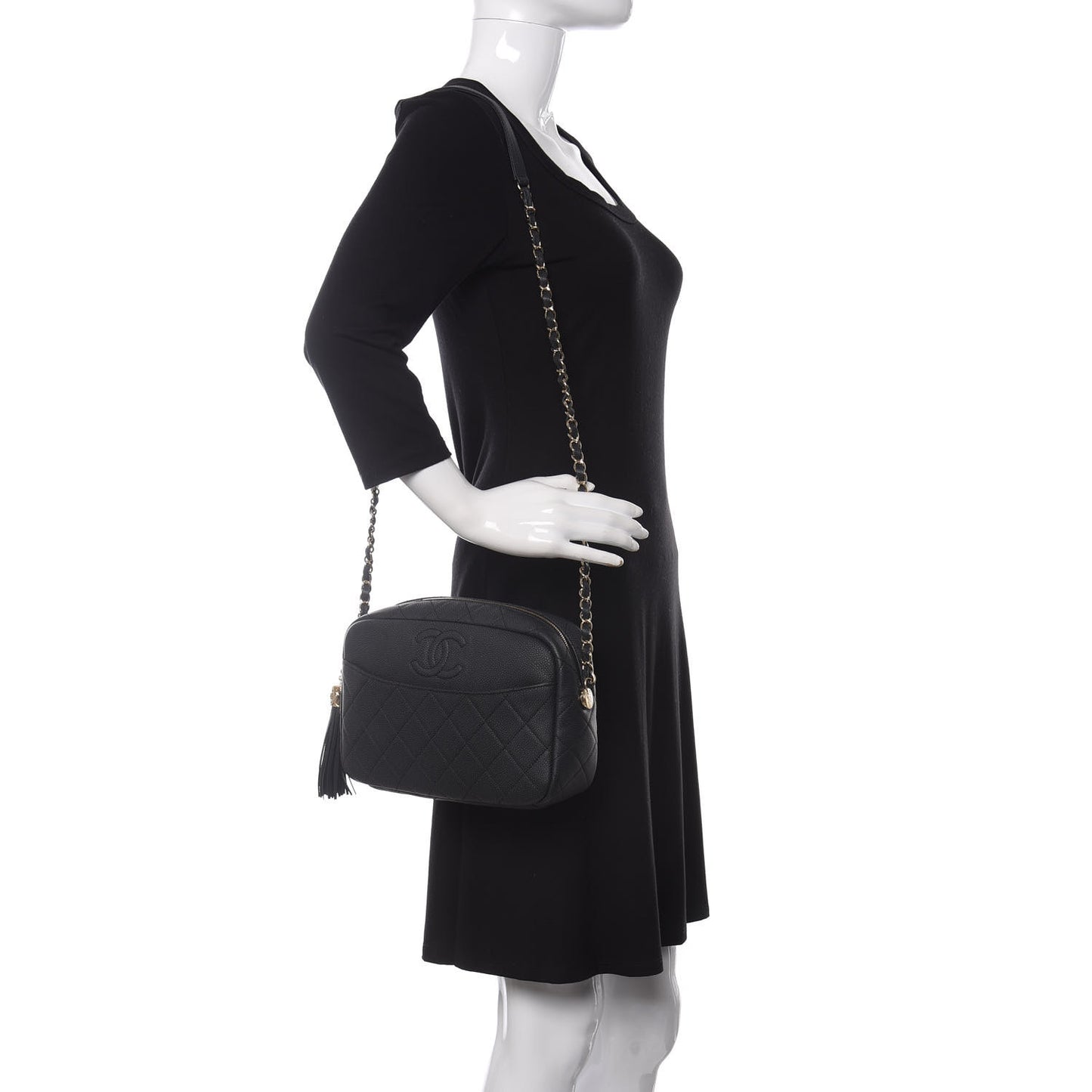 Caviar Quilted Medium Coco Tassel Camera Case Black