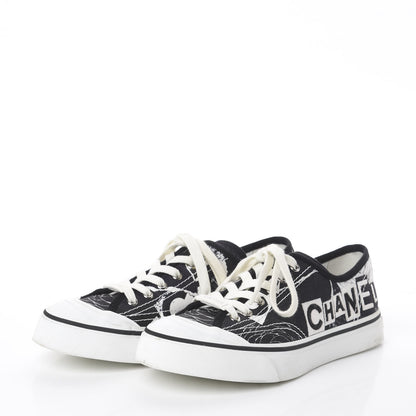 Chanel Printed Fabric Low Top Logo Sneakers 38.5 White Black 3 of 7