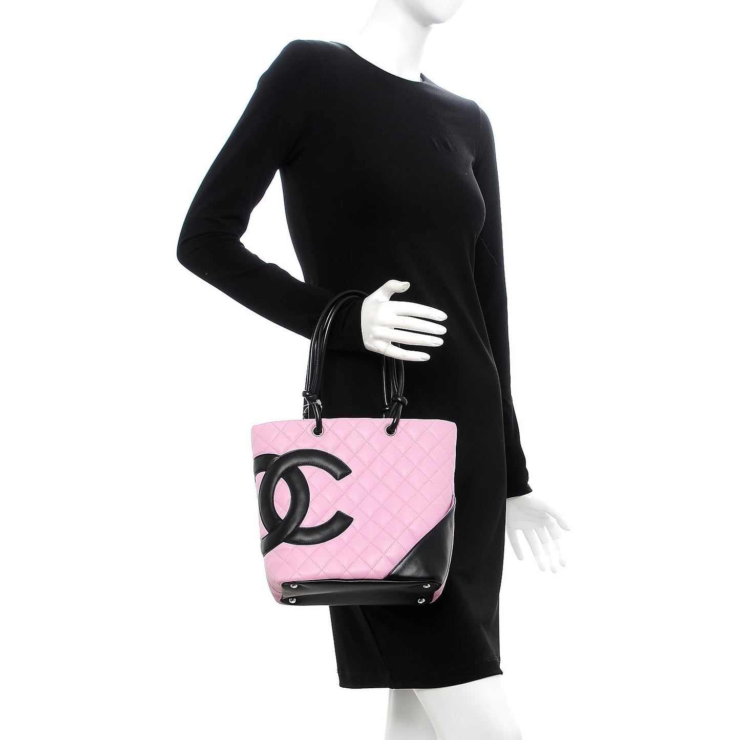 Calfskin Quilted Medium Cambon Tote Pink Black