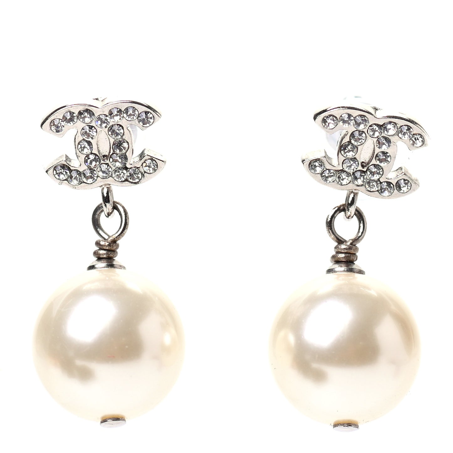 Crystal Pearl CC Drop Earrings Silver