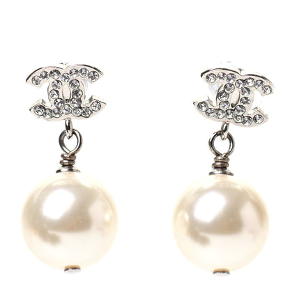 Chanel Crystal Pearl CC Drop Earrings Silver 1 of 5