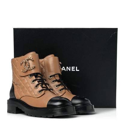 Chanel Lambskin Calfskin Quilted Lace Up Combat Boots 37 Light Brown 8 of 8