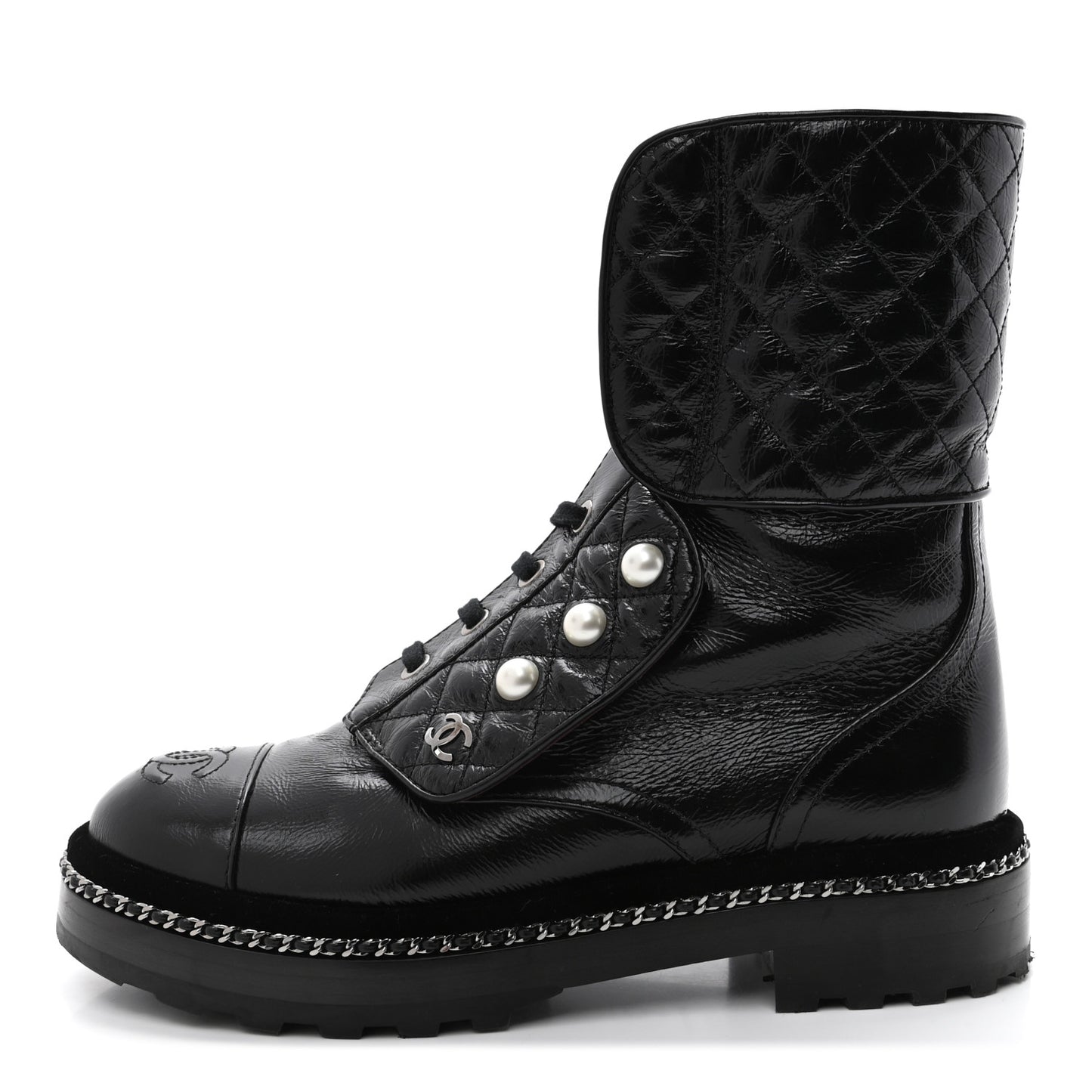 Crackled Calfskin Velvet Pearl Combat Boots 35.5 Black