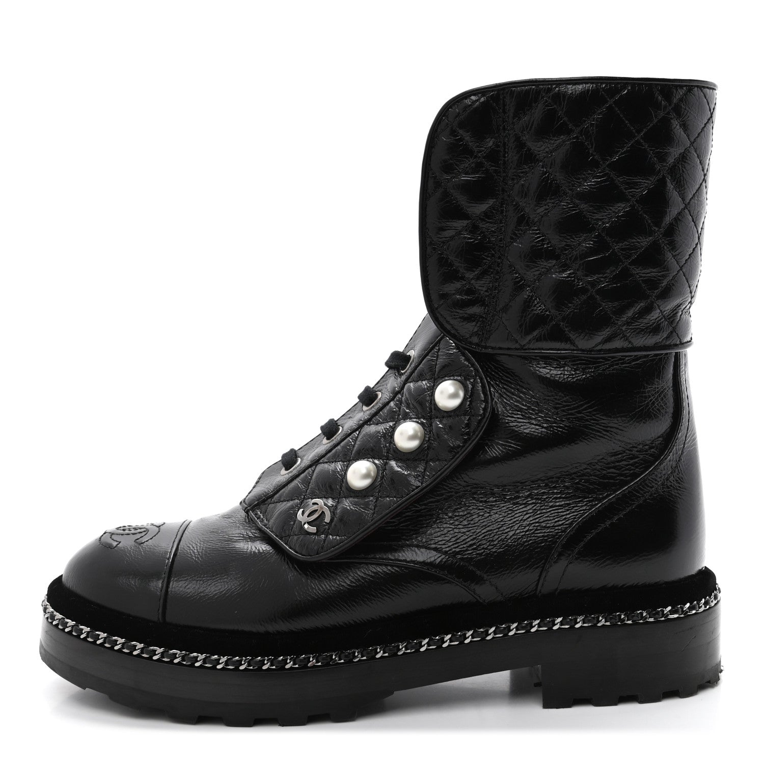 Chanel Crackled Calfskin Velvet Pearl Combat Boots 35.5 Black 1 of 8