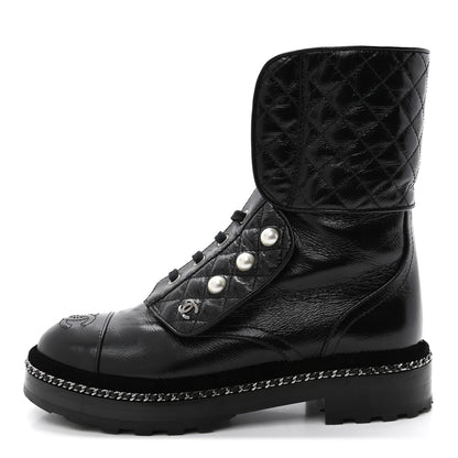 Chanel Crackled Calfskin Velvet Pearl Combat Boots 35.5 Black 1 of 8