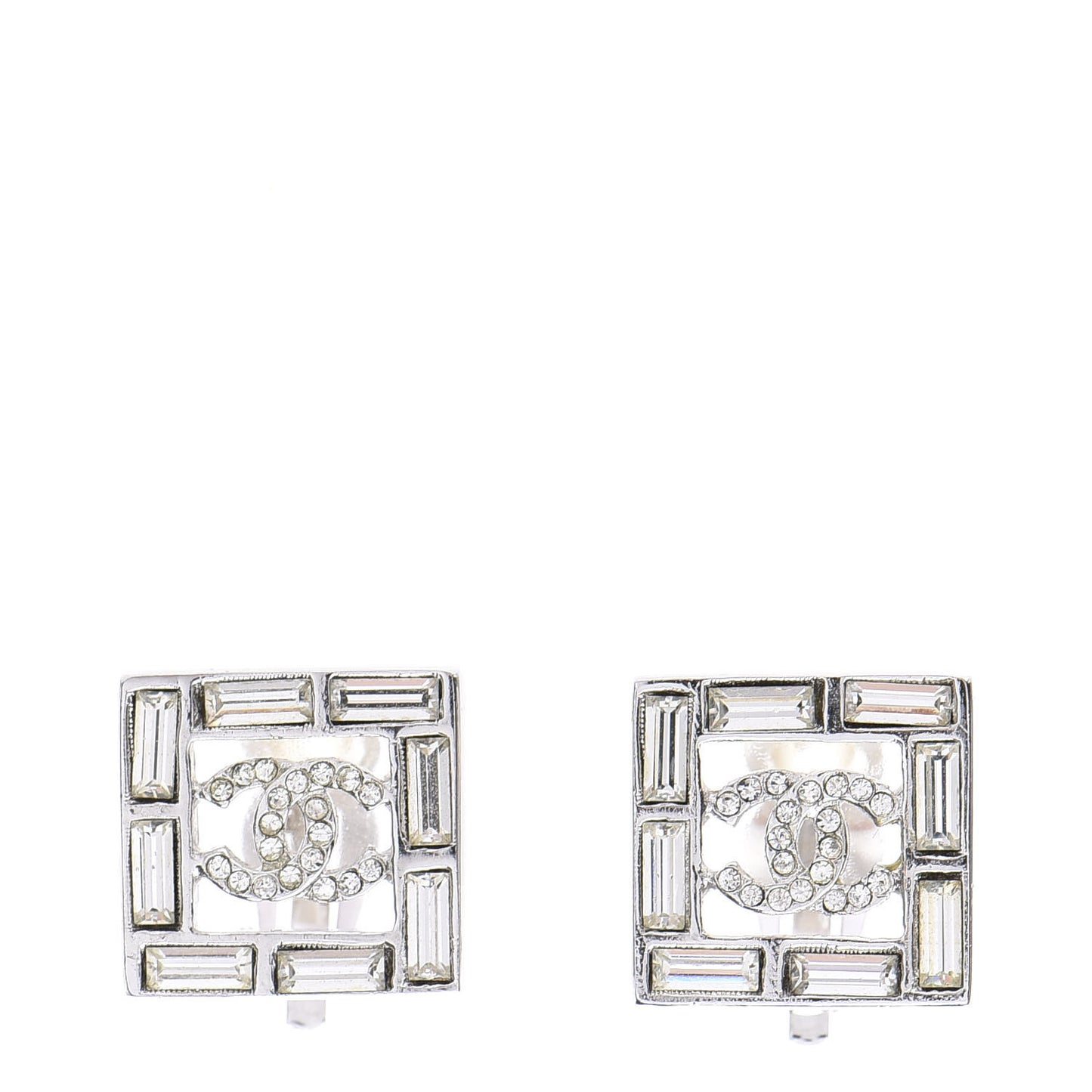 Crystal Baguette CC Square Clip On Earrings Silver