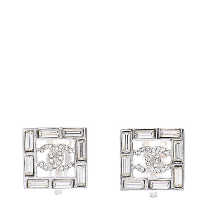 Chanel Crystal Baguette CC Square Clip On Earrings Silver 1 of 5