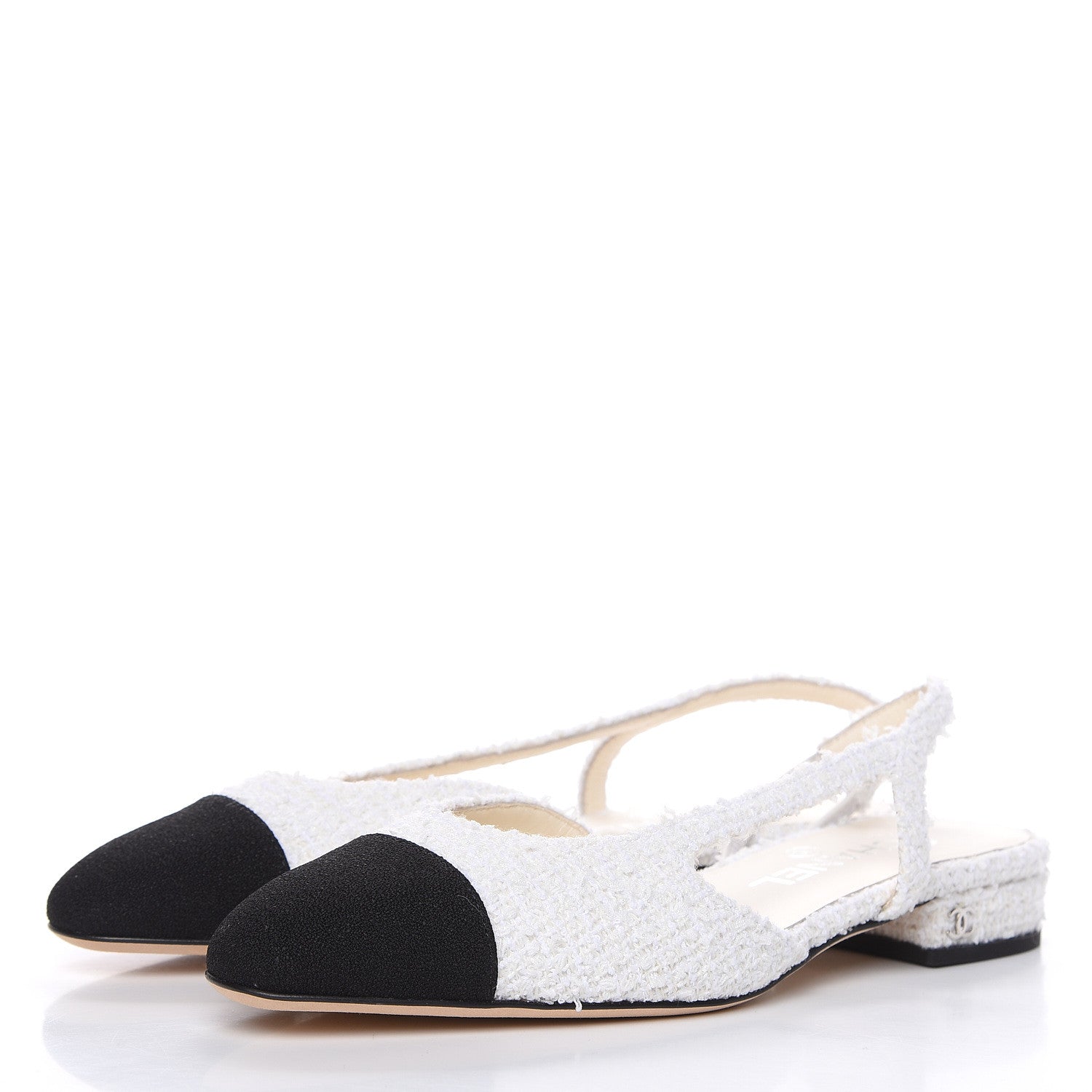 Chanel Tweed Cap Toe CC Slingback Flat 37 White Black 3 of 9