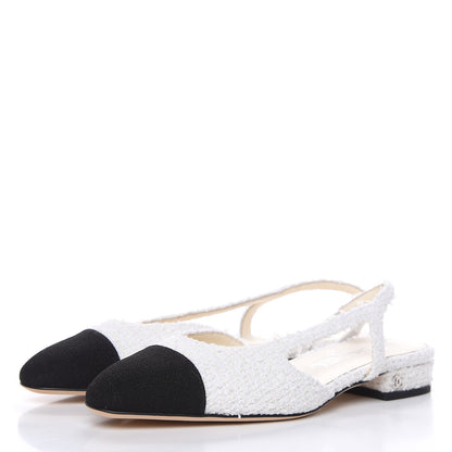 Chanel Tweed Cap Toe CC Slingback Flat 37 White Black 3 of 9