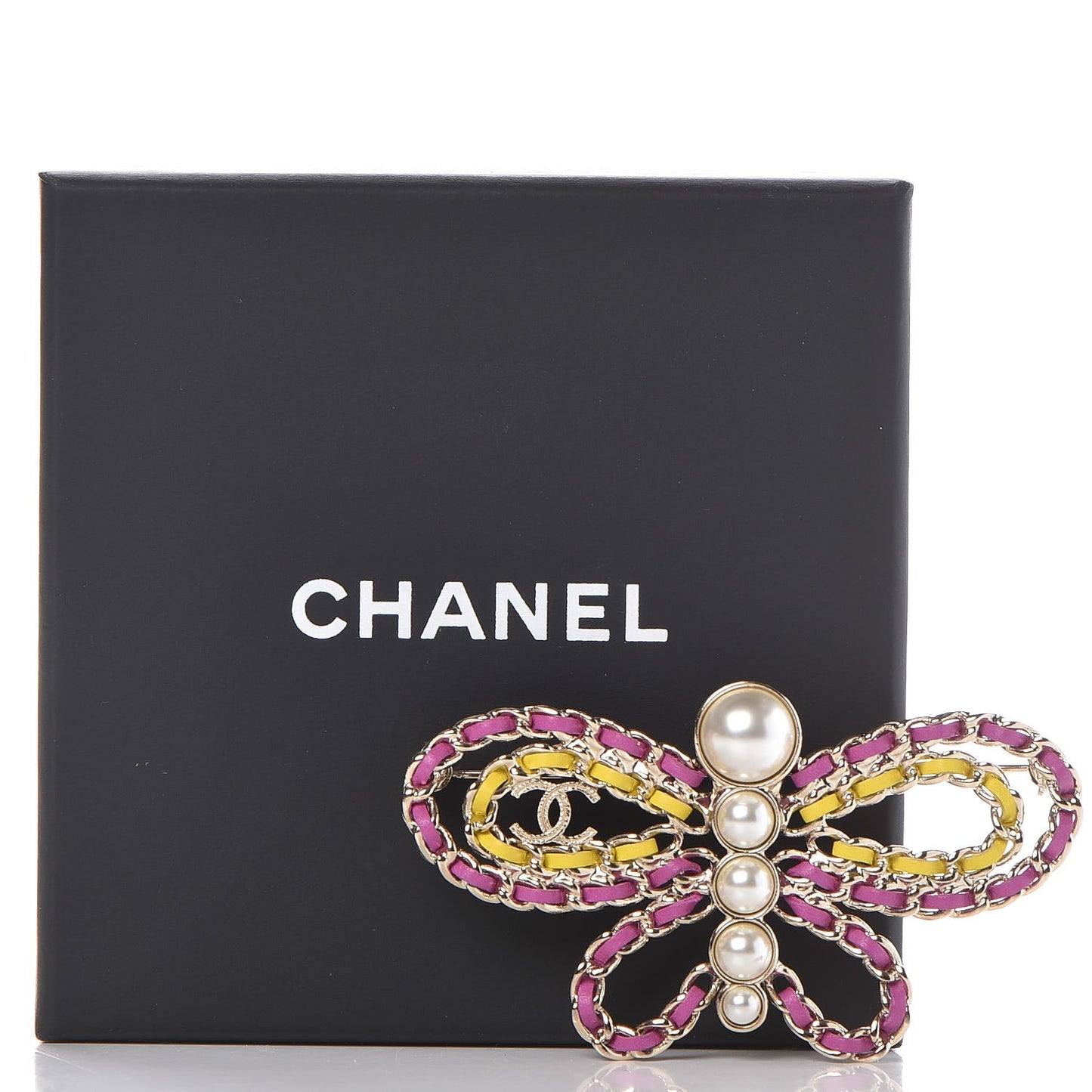 Lambskin Chain Pearl CC Butterfly Brooch Pink Yellow Gold