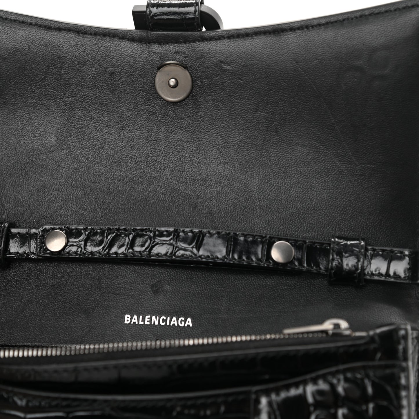 Shiny Calfskin Monochrome Crocodile Embossed Hourglass Chain Bag Black