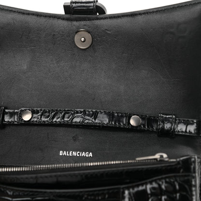 Balenciaga Shiny Calfskin Monochrome Crocodile Embossed Hourglass Chain Bag Black 11 of 15