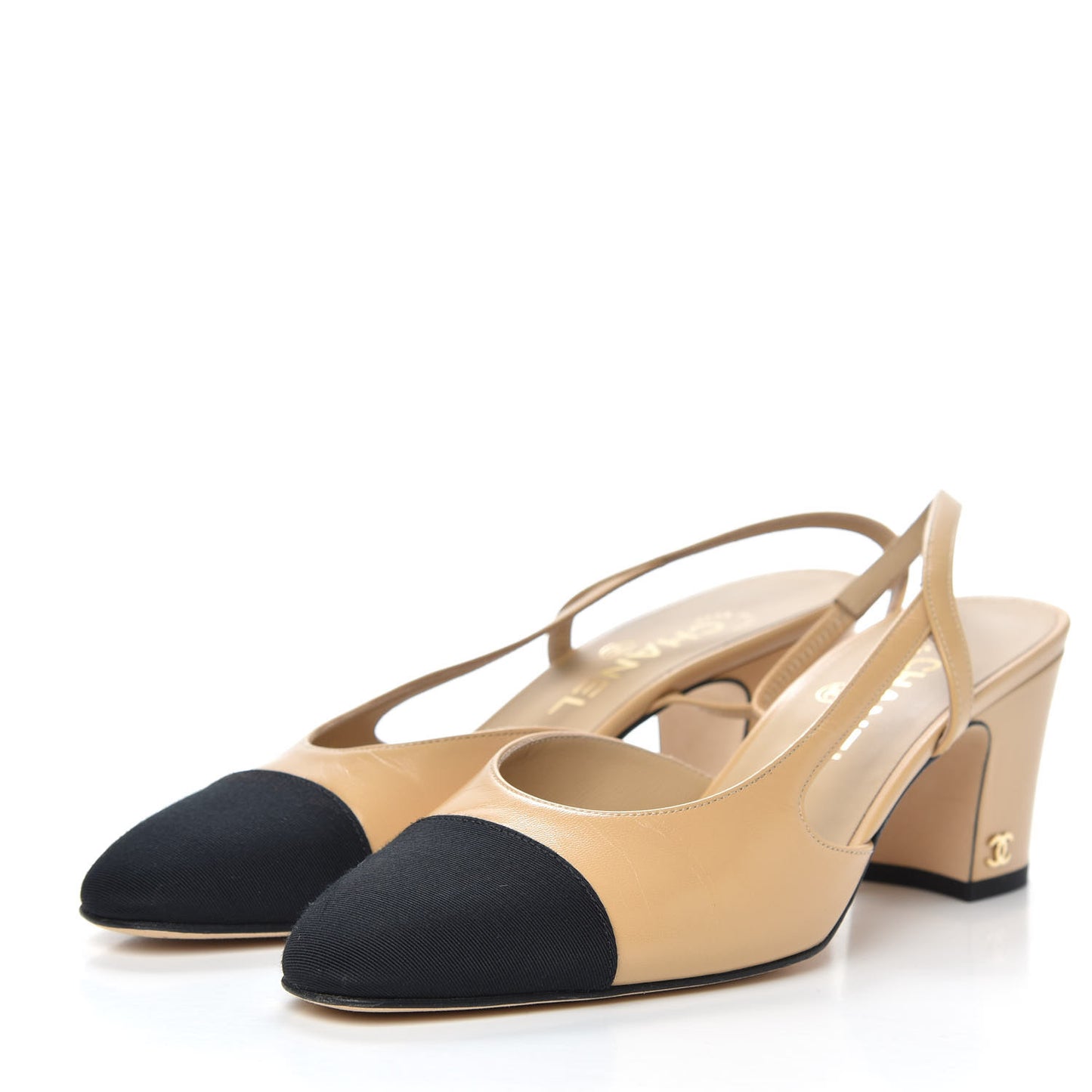 Goatskin Grosgrain Cap Toe CC Slingback Sandals 38 Beige Black