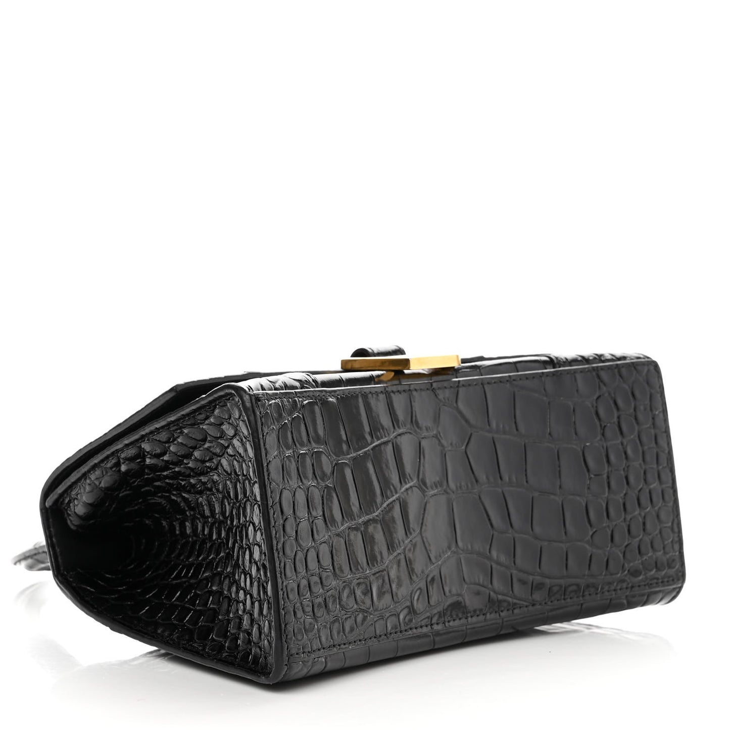 Shiny Calfskin Crocodile Embossed Small Hourglass Top Handle Bag Black