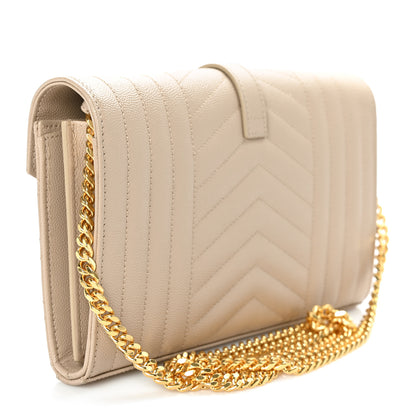 Saint Laurent Grain De Poudre Mixed Matelasse Triquilt Monogram Chain Wallet Dark Beige 3 of 9