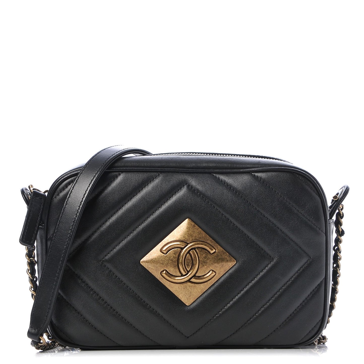 Lambskin Chevron Quilted Pyramid CC Camera Case Black