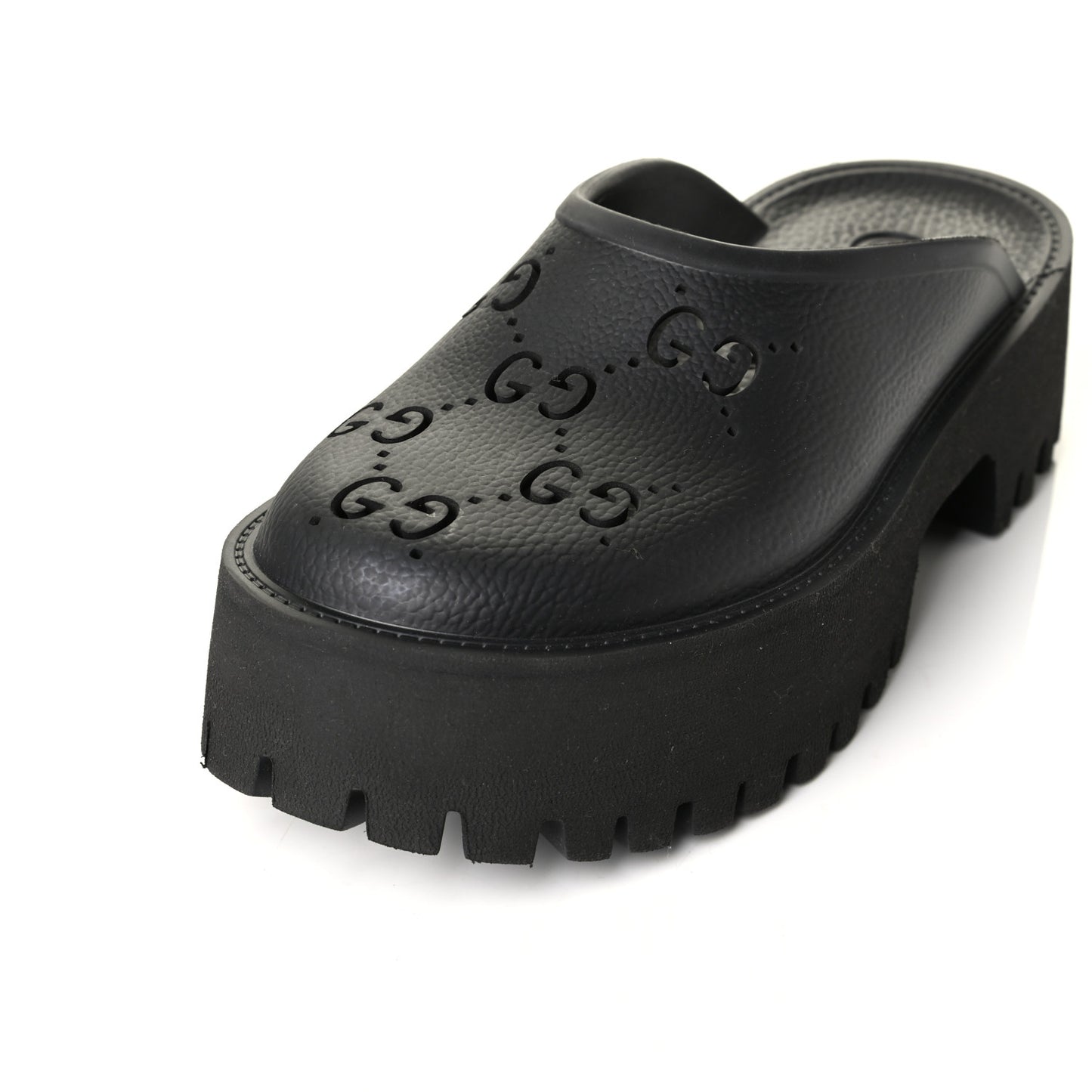 Rubber GG Monogram Perforated Elea Platform 55mm Lug Sole Sandals 38 Black