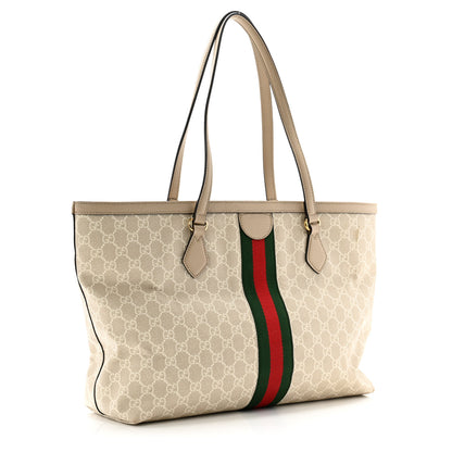 Gucci GG Supreme Monogram Textured Dollar Calfskin Web Medium Ophidia Shopping Tote Beige Mystic White Oatmeal 3 of 12