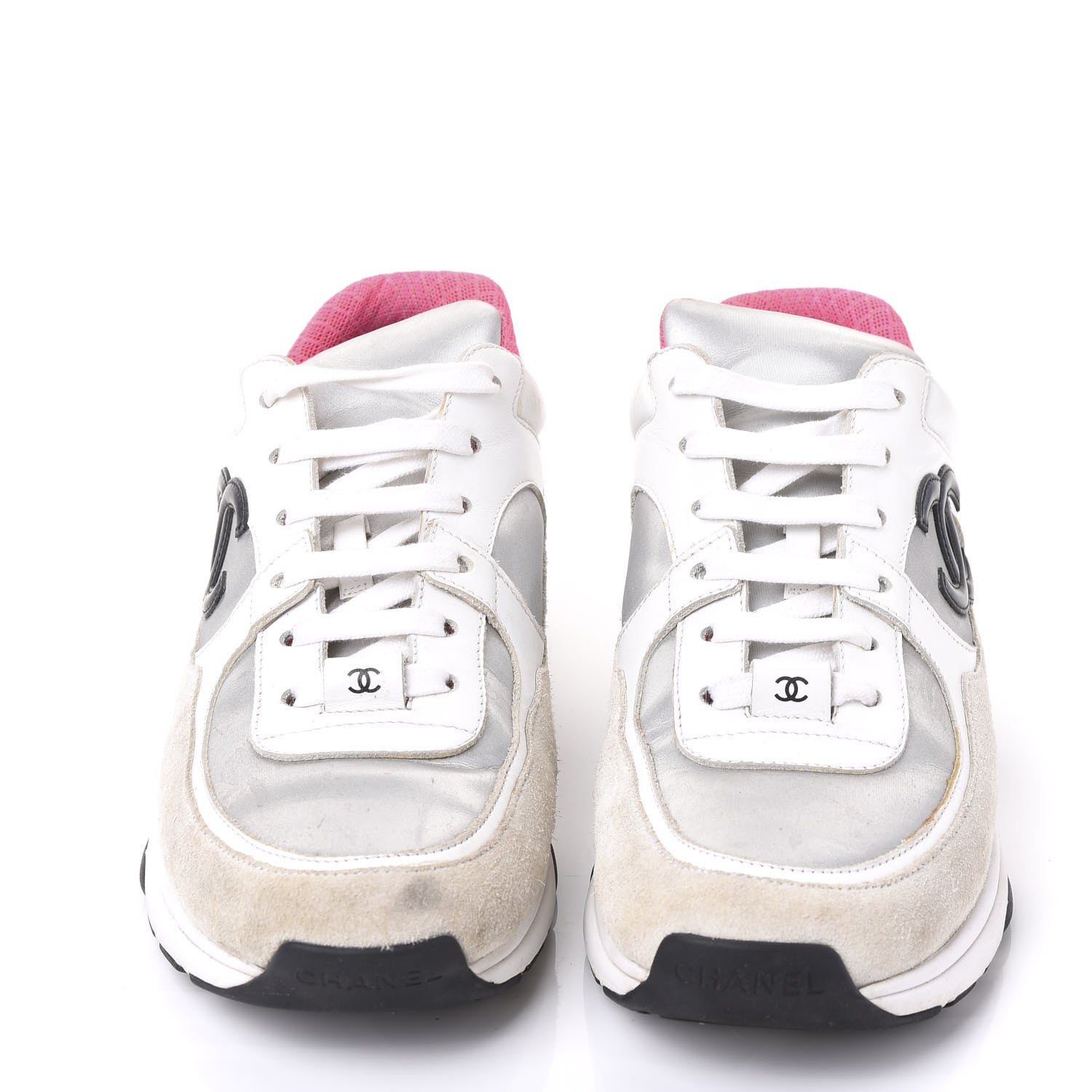 Chanel Suede Calfskin CC Sneakers 38 White Silver Fluo Pink 3 of 10