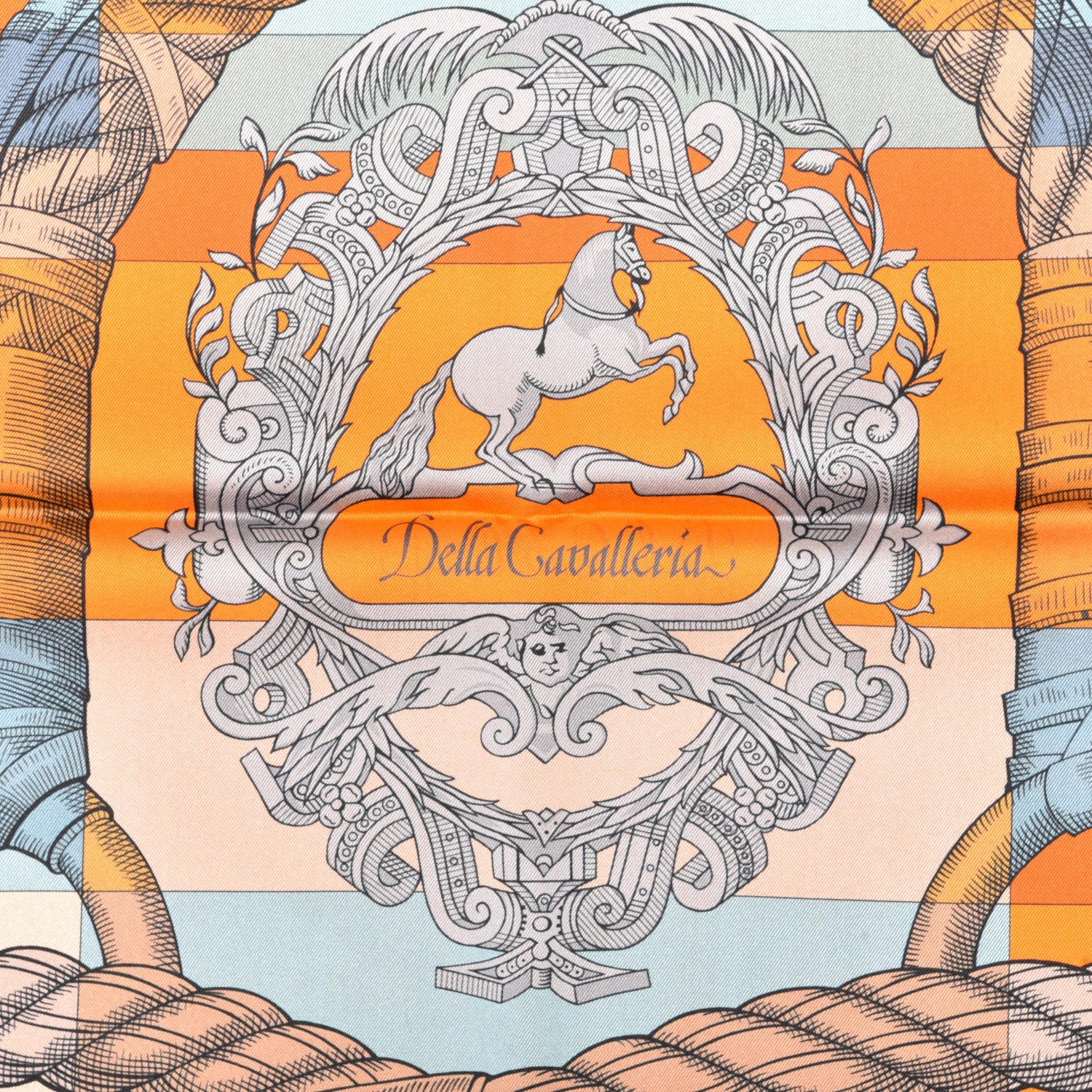 Hermes Silk Double Face Della Cavalleria Fine Scarf 90 Orange Bleu Jean 3 of 5