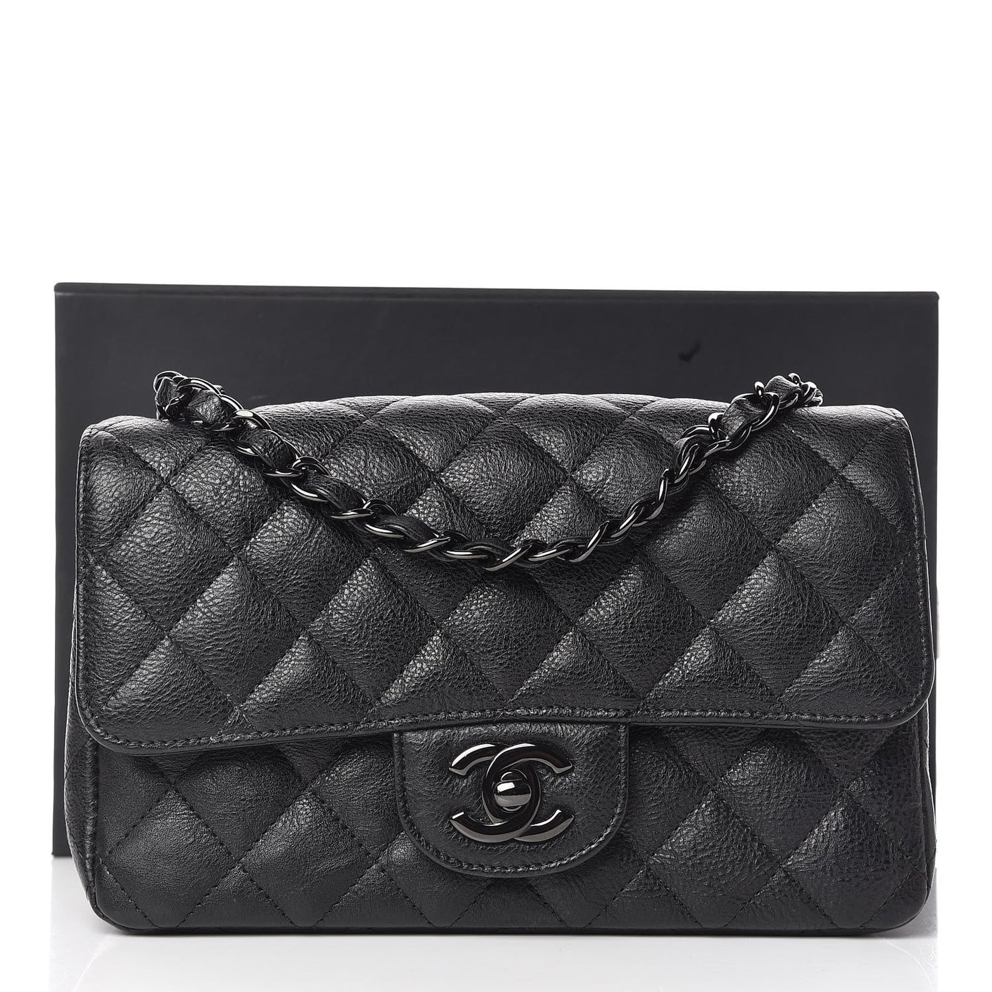 Crumpled Calfskin Quilted Mini Rectangular Flap So Black