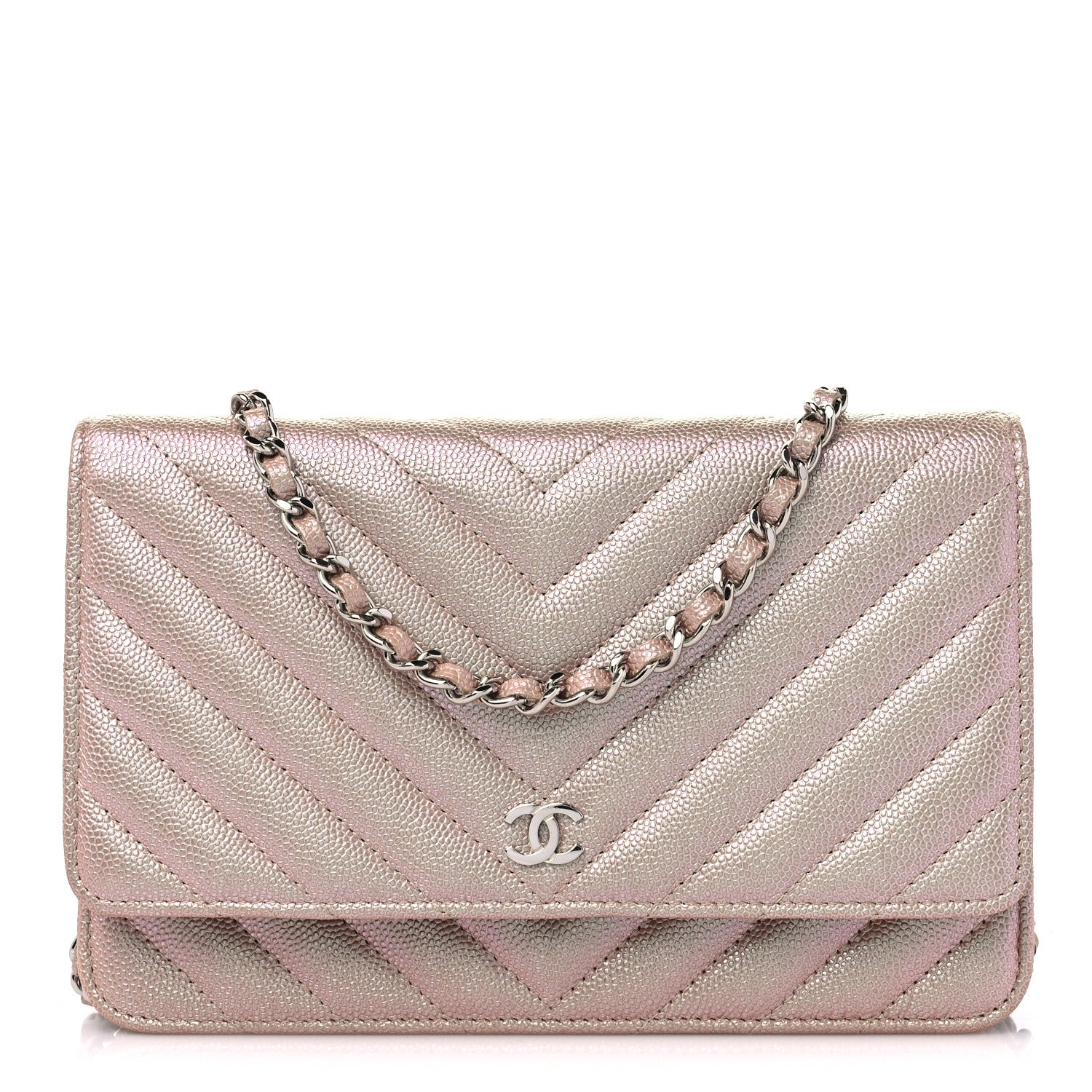 Chanel Metallic Caviar Chevron Quilted Wallet On Chain WOC Light Gold 1 of 10