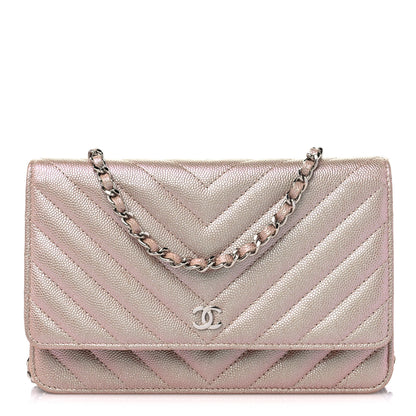 Chanel Metallic Caviar Chevron Quilted Wallet On Chain WOC Light Gold 1 of 10