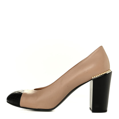 Chanel Lambskin Pearl Quilted Cap Toe Pumps 40.5 Beige Black 1 of 6