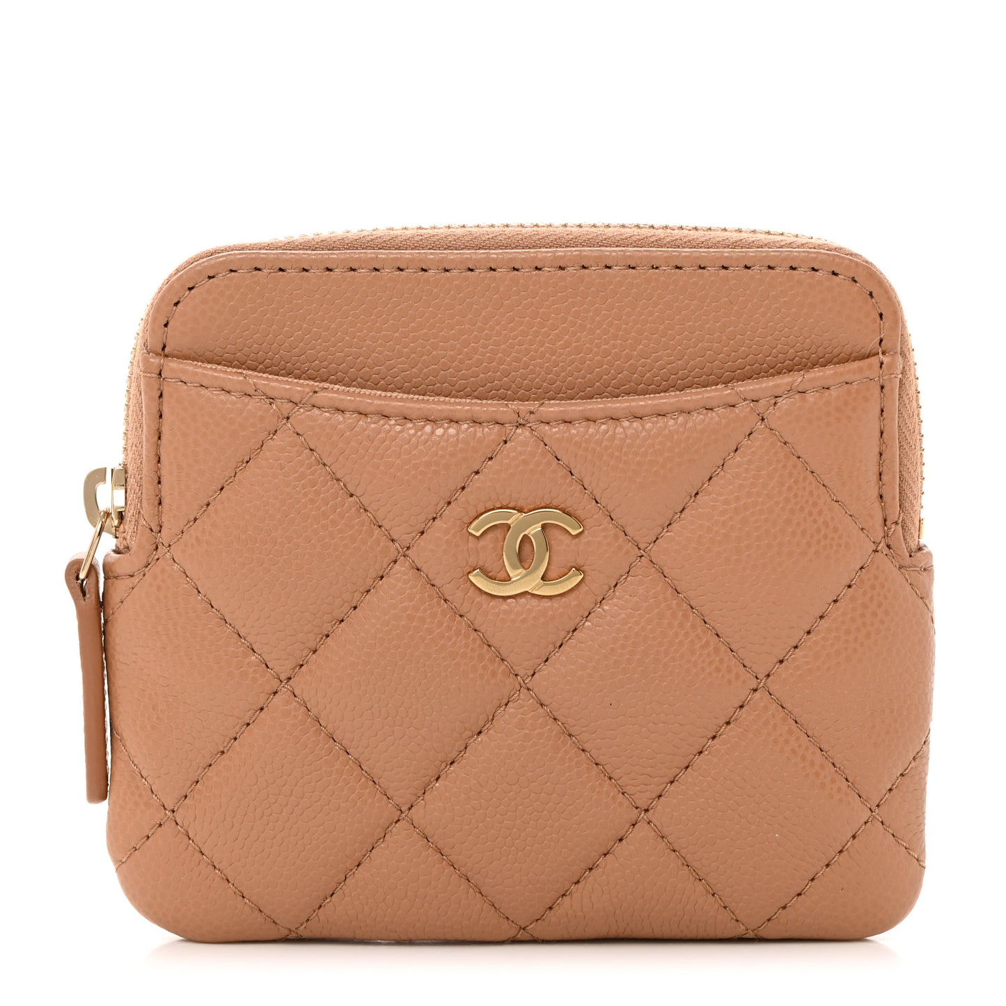 Caviar Quilted Zip Card Holder Wallet Dark Beige