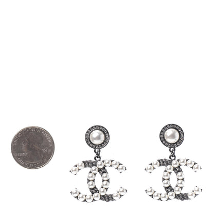 Chanel Pearl Crystal CC Drop Earrings Silver 2 of 4