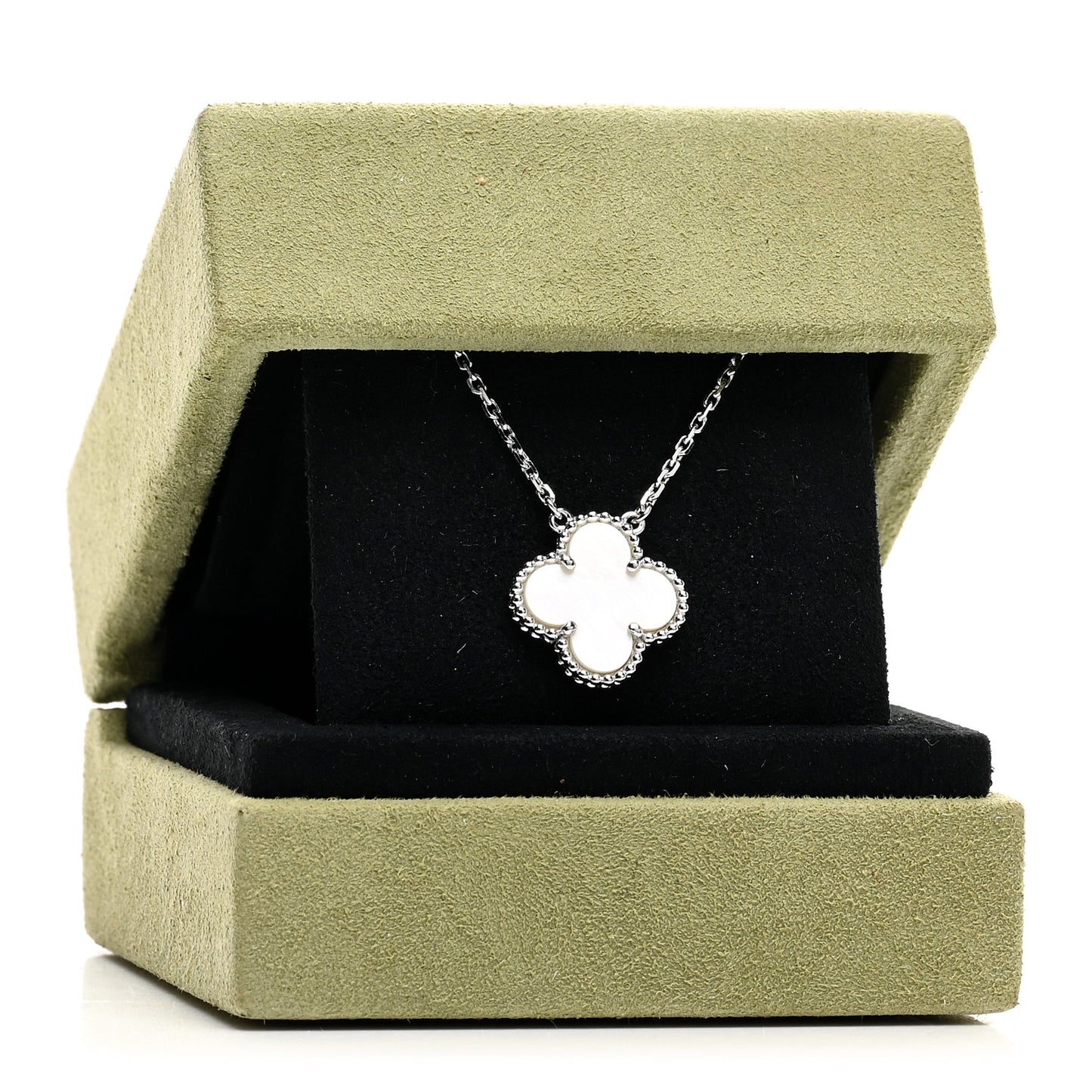 18K White Gold Mother Of Pearl Vintage Alhambra Pendant Necklace