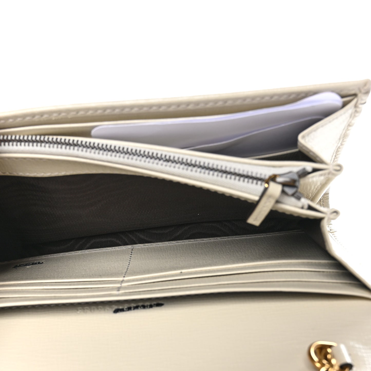 Azalea Calfskin GG Monogram Bi-Color Debossed Diana Chain Wallet Emerald Stone Topaz Mystic White