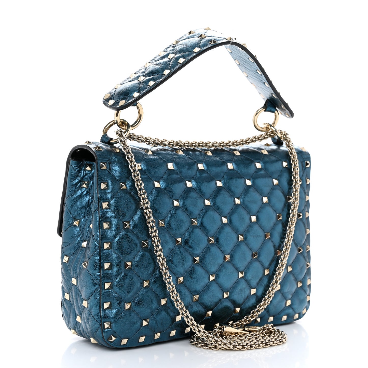 Metallic Nappa Medium Rockstud Spike Shoulder Bag Cerulean